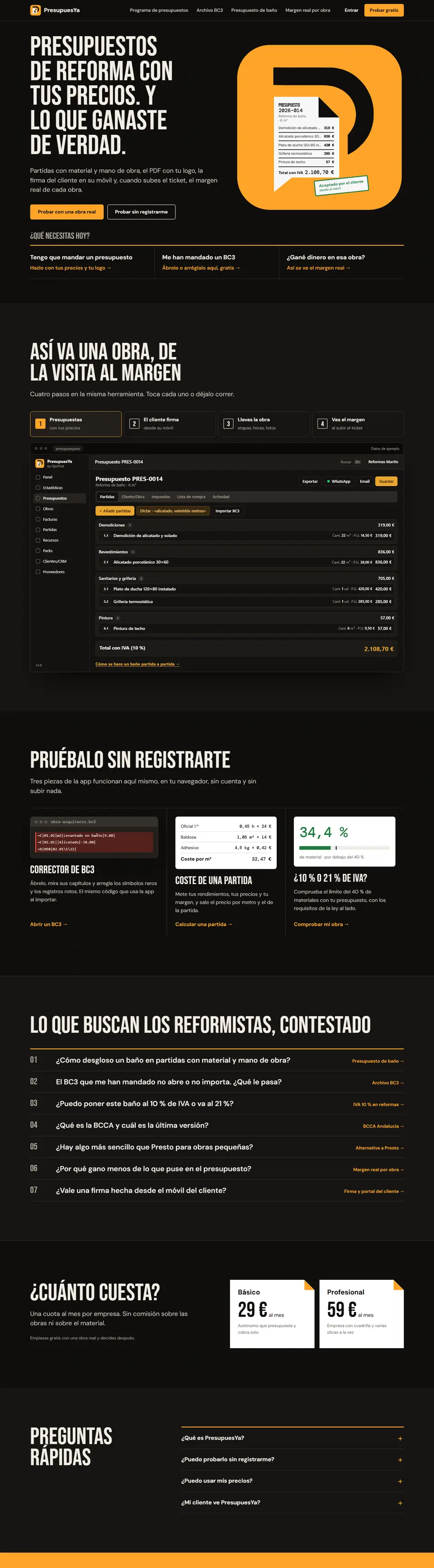 La web de PresupuesYa, de arriba abajo