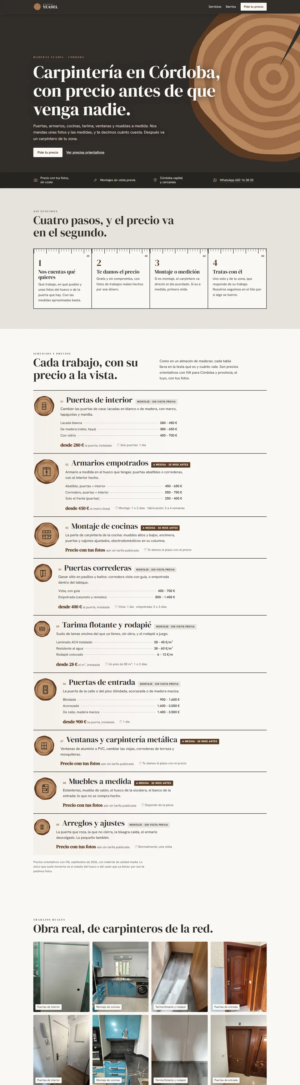 La web de Maderas Yeadel, de arriba abajo